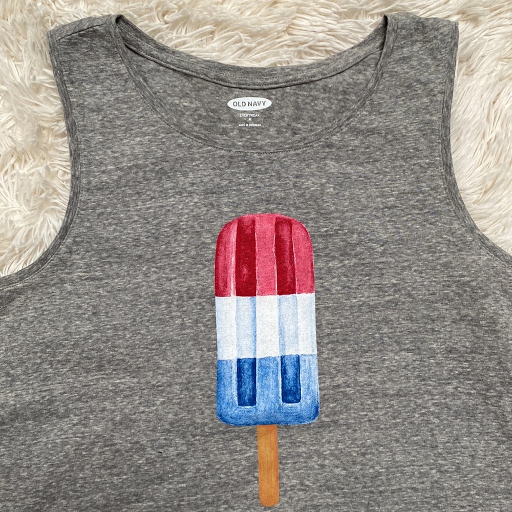 🎉2X HP🎉 Old Navy Patriotic Graphic Tank 💗 Gray Red White & Blue - Picture 7 of 13